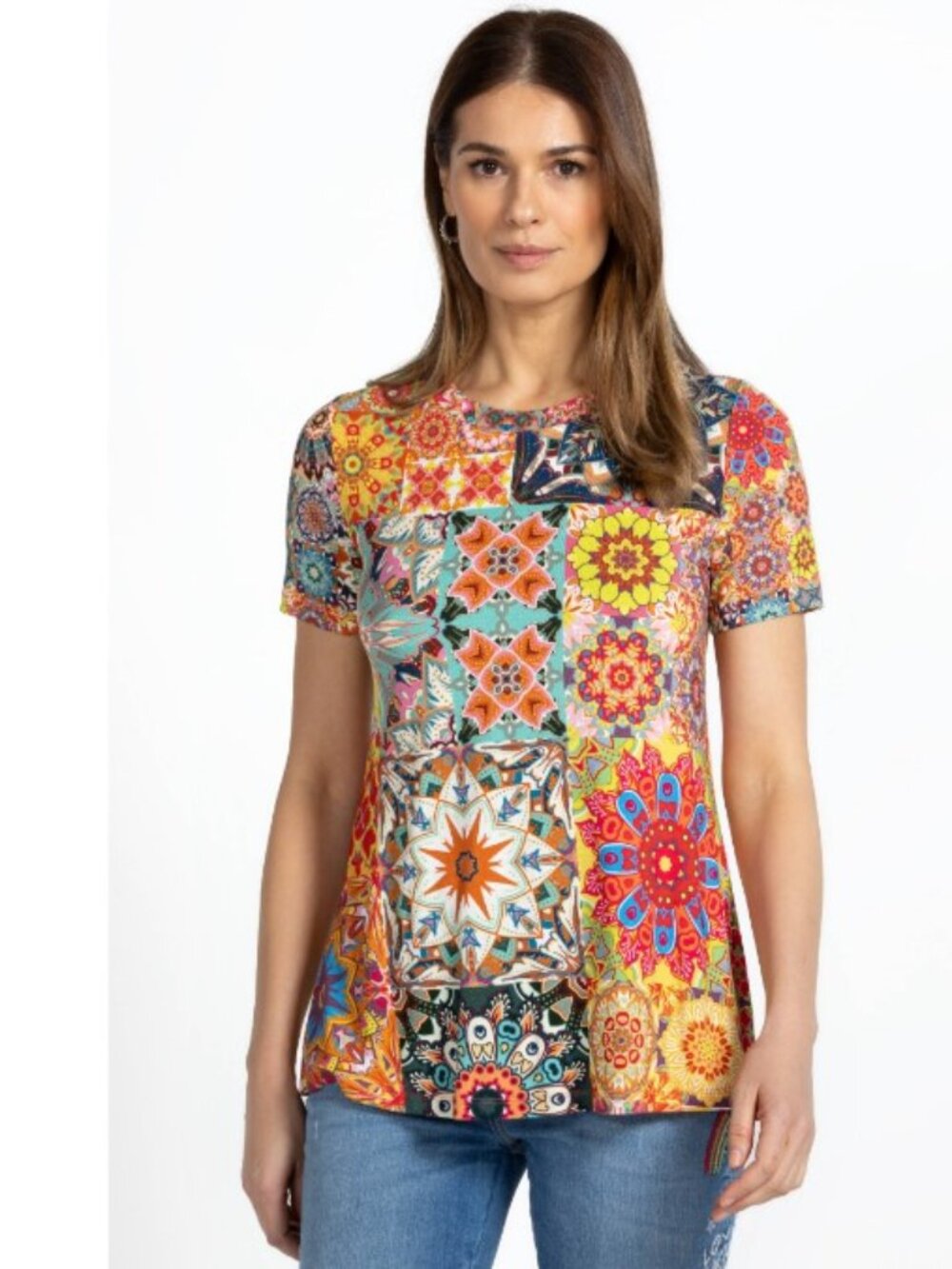 Johnny Was Kalieda Patchwork Short Sleeve Crew Neck Swing Tee NWT Size Small